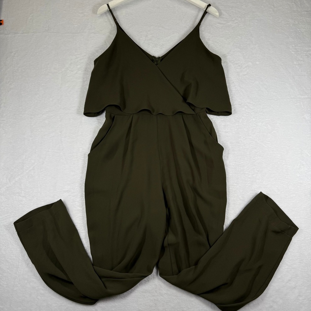 ASTR the Label Medium Olive Green Ruffle Wide Leg Jumpsuit Sleeveless V-Neck